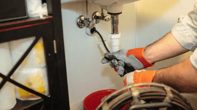 Drain cleaning technician using a motorized plumbing snake to clear a clogged sink pipe in Memphis, TN