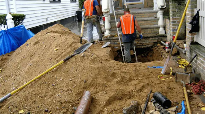 Contractors performing foundation protection and exterior drainage excavation near residential home steps in Memphis, TN